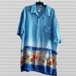 Cherokee Waikiki Wear Beach Drink Coconut Aloha Hawaiian Men Shirt Blue size L